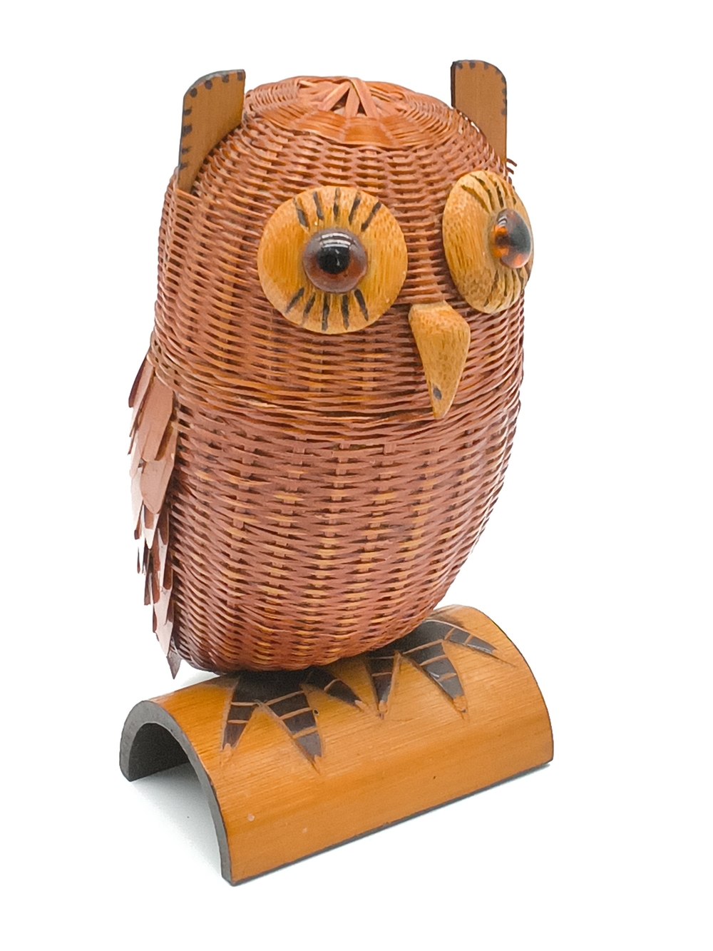 Vintage 1970s Boho Rattan/Wicker Owl Lidded Basket Trinket Box